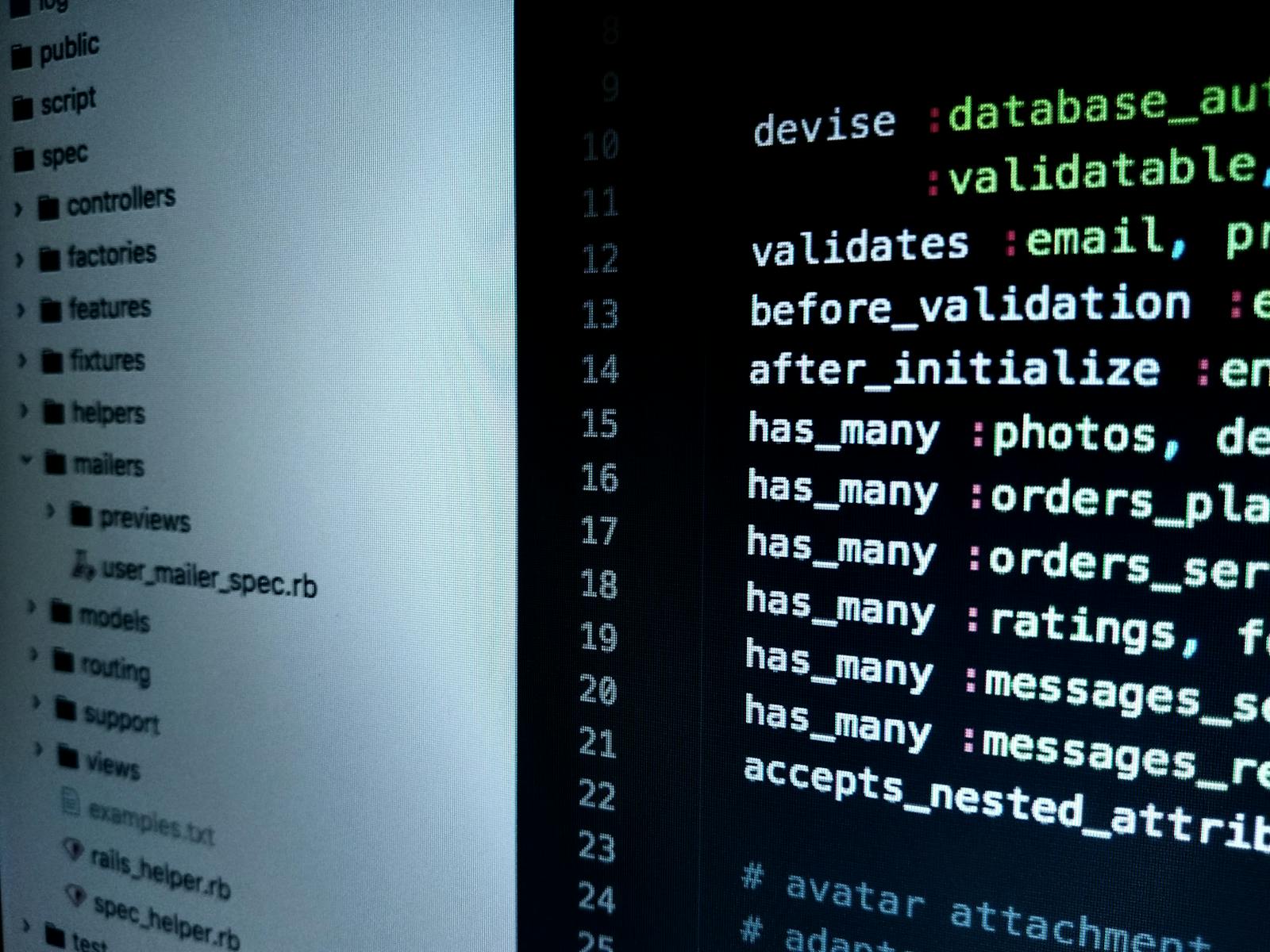 Detailed view of Ruby on Rails code highlighting software development intricacies