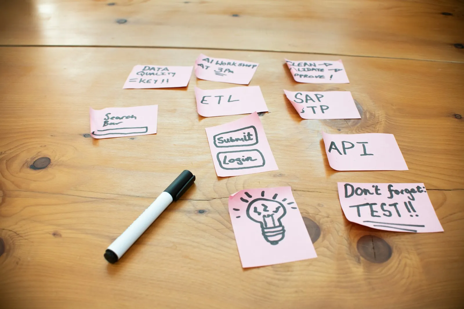 Sticky notes with words and drawings on wooden table.